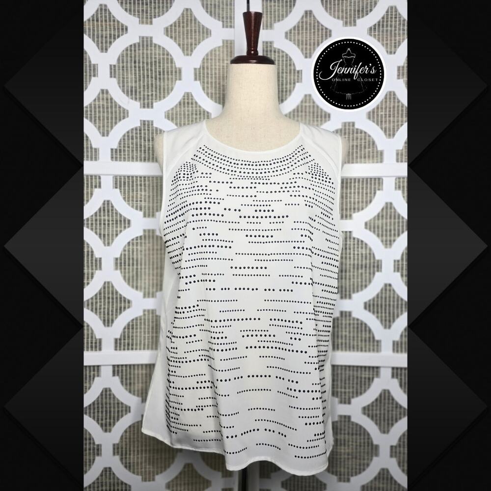 Calvin Klein NWT Soft White w/Black Beaded Scoop Neck Sleeveless Blouse Size L